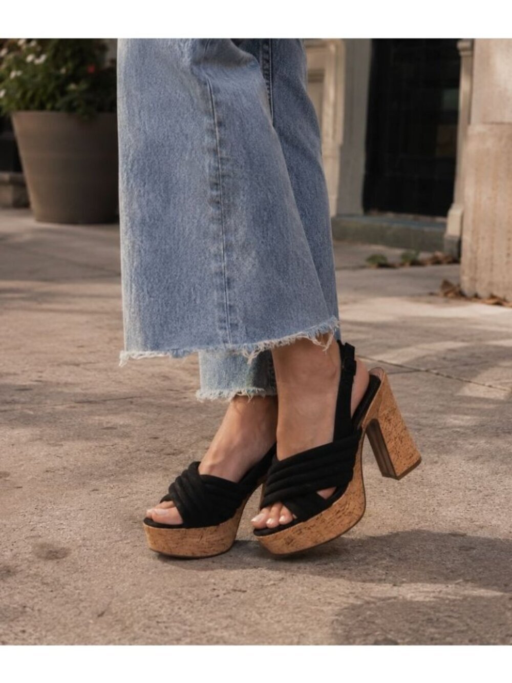 NWOT Alice + Olivia Charlize Wedge Slingback Cork Heels Black Suede 39 Boho Chic